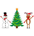 snowman and deer at decorated christmas tree vector image vector image