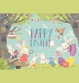 happy bunnies celebrating easter in the forest vector image