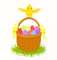 basket with easter eggs and chicken vector image vector image