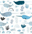 seamless pattern with abstract narwals rainbows vector image