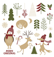 christmas set graphic elements and cute characters vector image