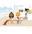 smiling children doing daily routine in kitchen vector image