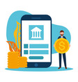 man avatar with smartphone bank and coins vector image