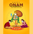 happy onam greetings woman making pookalam vector image vector image
