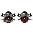 lumberjack woodmaster emblem with crossed axes vector image