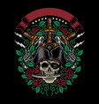 pirate skull bite a dagger with roses and guns vector image