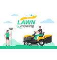 man driving a tractor lawn mower in garden vector image