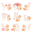 lovely white little bunny and fox cub playing vector image