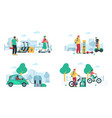 banners set with people riding electric transport vector image