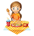 a pretty girl eating at the fastfood restaurant vector image