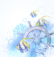 hand drawn steering wheel and tropical fishes vector image vector image