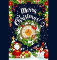 christmas wreath with new year gift and clock card vector image