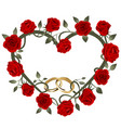 red roses heart frame with golden wedding rings vector image vector image