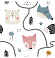 seamless woodland pattern with cute animal faces vector image vector image