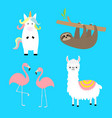 alpaca llama flamingo sloth unicorn set cute vector image vector image
