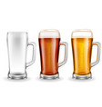 three transparent glass beer mugs vector image