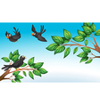 Funny blue birds with leaves Royalty Free Vector Image