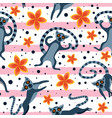seamless pattern with cute lemurs flowers vector image