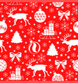 christmas pattern seamless with deer fir and gifts vector image