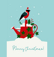 cute christmas card watering can with holly vector image