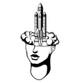 hand drawn of female head with rocket surreal vector image