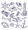 hand drawn marine set sea ocean voyage lighthouse vector image