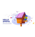 hello spring banner with parrot in birdhouse vector image