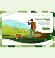 man travel with dog looking in binoculars vector image