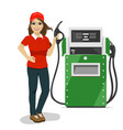 female gas station worker holding petrol pump vector image