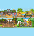 four different zoo scenes with kids and animals vector image