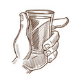male hand holds glass with drink monochrome vector image