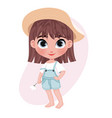 cute unshod little girl character in hat holding vector image