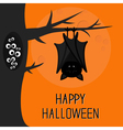 happy halloween card bat hanging on tree hollow vector image