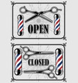 open and closed signs for barbershop with scissors vector image