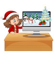 girl next to computer with xmas theme vector image