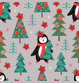 seamless pattern with penguin and christmas trees vector image
