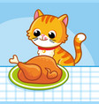 cat sits and looks at the chicken vector image