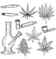 Set hand drawn cannabis leaves bong smoking Vector Image