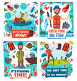 fishermen fishing sport equipment and fish catch vector image