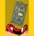 woman eats money pop art style female mouth vector image vector image