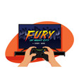 tv set with a game screen and hands holding black vector image