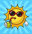 cartoon sun in sunglasses drinking cool drink vector image