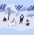scene happy people making snowman from snow vector image vector image