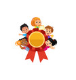 multi-ethnic children with ribbon awards trophy vector image