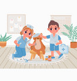 cartoon kindergarten kids in doctor uniform play vector image