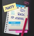 party back to school lettering with notebook vector image