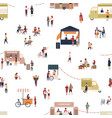 seamless pattern with people walking among trucks vector image