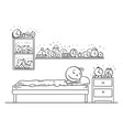 person sleeping in bedroom with many alarm clocks vector image