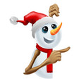 happy snowman in santa hat pointing vector image