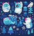 cute cartoon style yetis and woodland elements vector image vector image